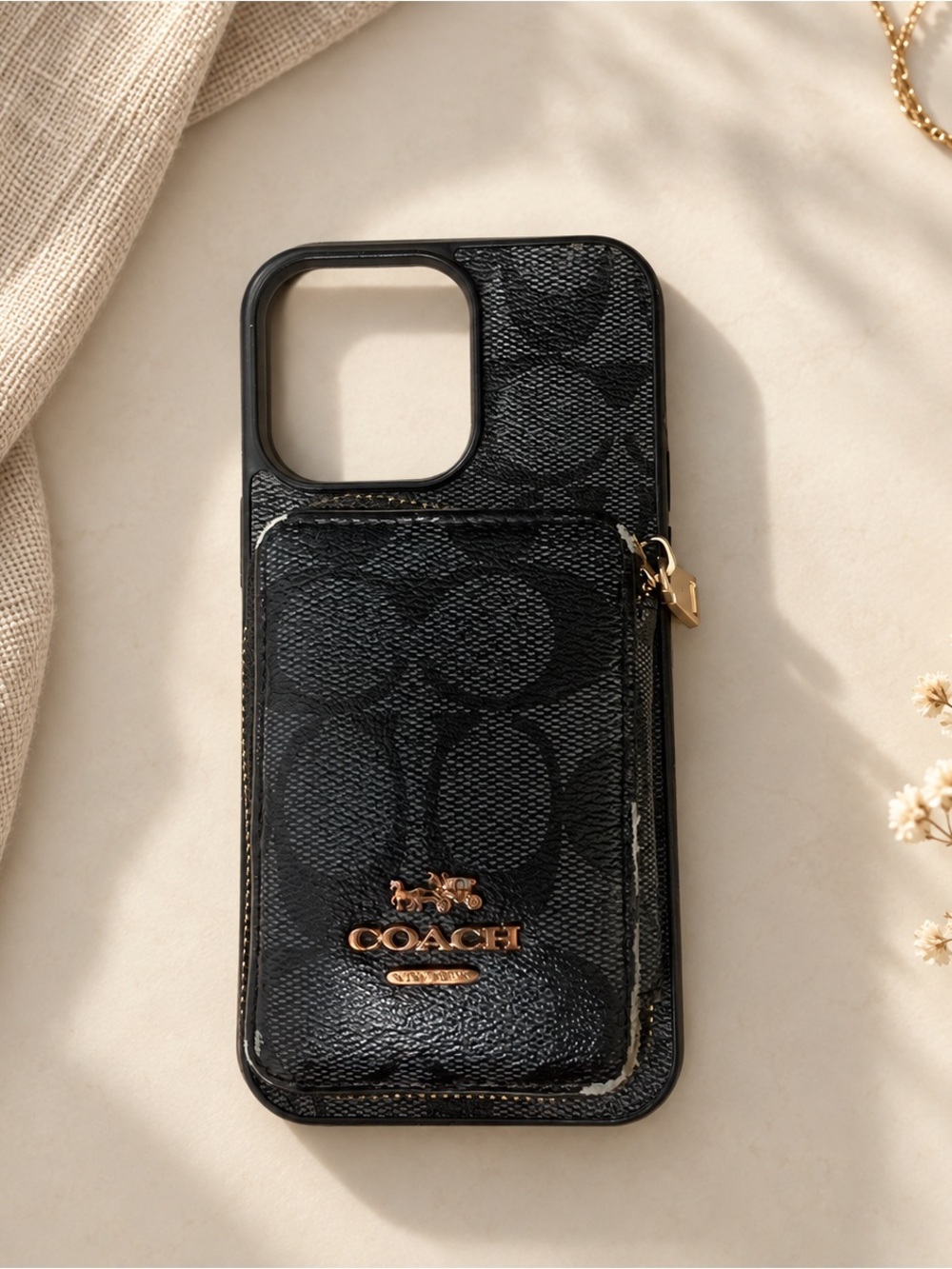 Coach Black Signature iPhone 13/14 Size Case with Zip Wallet